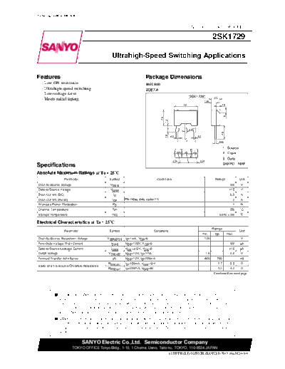 Sanyo 2sk1729  . Electronic Components Datasheets Active components Transistors Sanyo 2sk1729.pdf