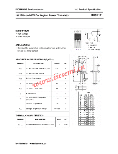 Inchange Semiconductor bu921t  . Electronic Components Datasheets Active components Transistors Inchange Semiconductor bu921t.pdf