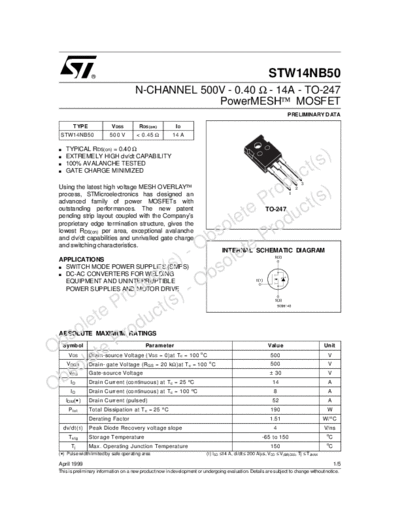 ST stw14nb50  . Electronic Components Datasheets Active components Transistors ST stw14nb50.pdf