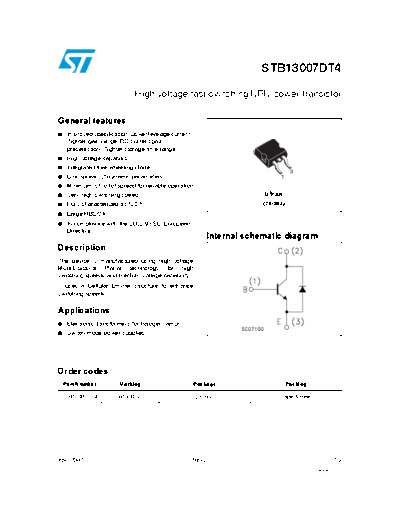 ST stb13007dt4  . Electronic Components Datasheets Active components Transistors ST stb13007dt4.pdf