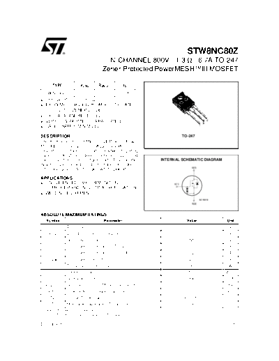 . Electronic Components Datasheets stw8nc80z  . Electronic Components Datasheets Active components Transistors ST stw8nc80z.pdf