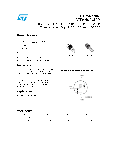 ST stp5nk80z stp5nk80zfp  . Electronic Components Datasheets Active components Transistors ST stp5nk80z_stp5nk80zfp.pdf