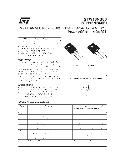 ST stw13nb60  . Electronic Components Datasheets Active components Transistors ST stw13nb60.pdf