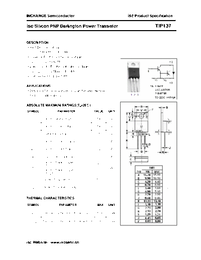 Inchange Semiconductor tip137  . Electronic Components Datasheets Active components Transistors Inchange Semiconductor tip137.pdf