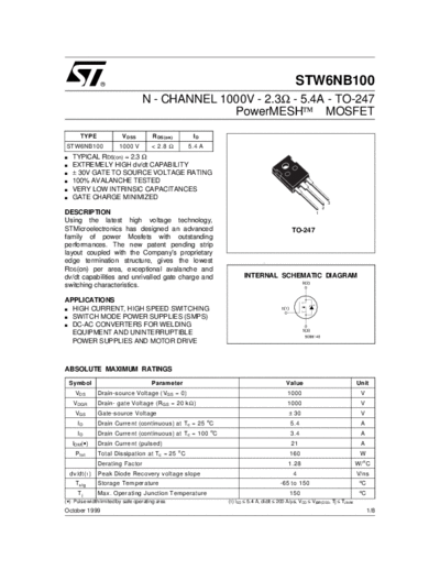 ST w6nb100  . Electronic Components Datasheets Active components Transistors ST stw6nb100.pdf