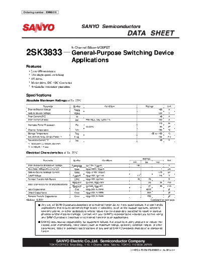 Sanyo 2sk3833  . Electronic Components Datasheets Active components Transistors Sanyo 2sk3833.pdf