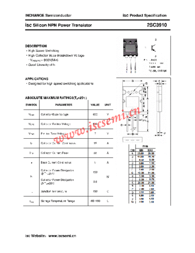 Inchange Semiconductor 2sc3910  . Electronic Components Datasheets Active components Transistors Inchange Semiconductor 2sc3910.pdf