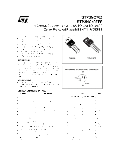 ST stp3nc70z  . Electronic Components Datasheets Active components Transistors ST stp3nc70z.pdf