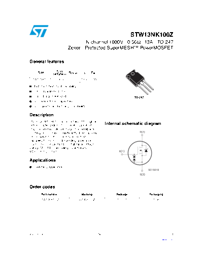. Electronic Components Datasheets stw13nk100z  . Electronic Components Datasheets Active components Transistors ST stw13nk100z.pdf