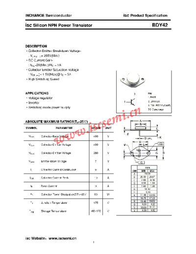 Inchange Semiconductor bdy42  . Electronic Components Datasheets Active components Transistors Inchange Semiconductor bdy42.pdf