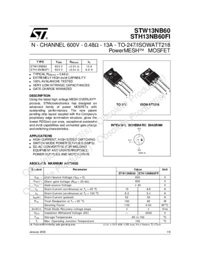 . Electronic Components Datasheets stw13nb60 sth13nb60fi  . Electronic Components Datasheets Active components Transistors ST stw13nb60_sth13nb60fi.pdf