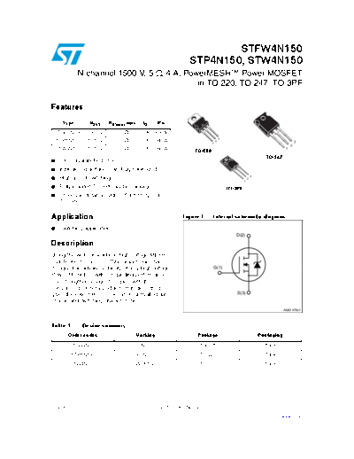 ST fw4n150  p4n150  w4n150  . Electronic Components Datasheets Active components Transistors ST stfw4n150_stp4n150_stw4n150.pdf