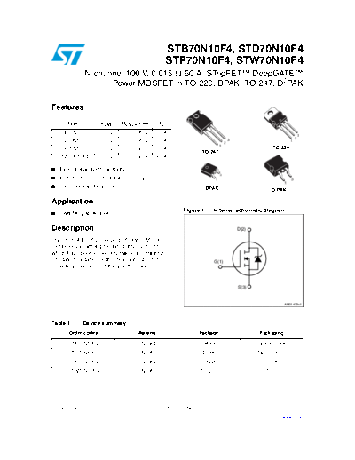 ST b70n10f4  d70n10f4  p70n10f4  w70n10f4  . Electronic Components Datasheets Active components Transistors ST stb70n10f4_std70n10f4_stp70n10f4_stw70n10f4.pdf