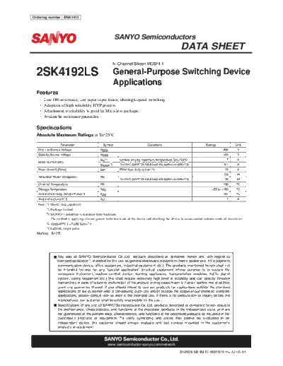 Sanyo 2sk4192ls  . Electronic Components Datasheets Active components Transistors Sanyo 2sk4192ls.pdf