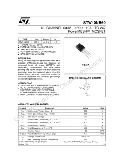 ST stw10nb60  . Electronic Components Datasheets Active components Transistors ST stw10nb60.pdf