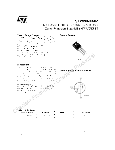 . Electronic Components Datasheets stw28nk60z  . Electronic Components Datasheets Active components Transistors ST stw28nk60z.pdf