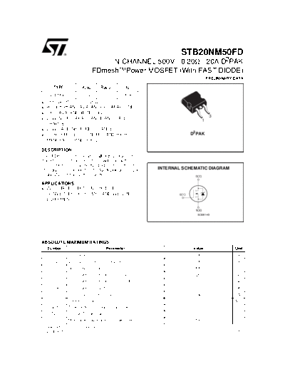 ST stb20nm50fd  . Electronic Components Datasheets Active components Transistors ST stb20nm50fd.pdf