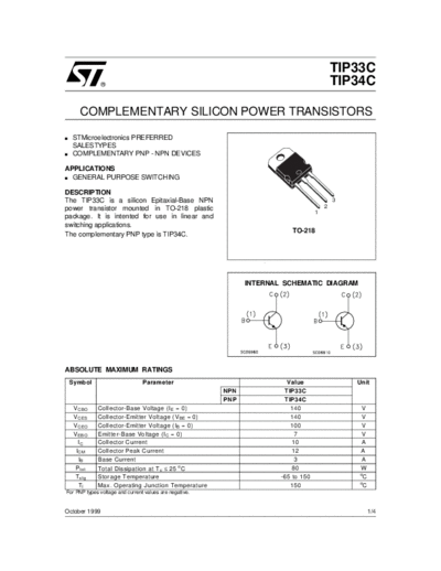 ST tip33,34  . Electronic Components Datasheets Active components Transistors ST tip33,34.pdf
