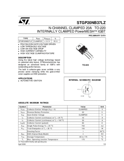 ST stgp20nb37lz  . Electronic Components Datasheets Active components Transistors ST stgp20nb37lz.pdf