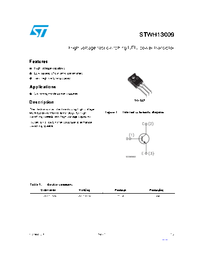 ST stwh13009  . Electronic Components Datasheets Active components Transistors ST stwh13009.pdf