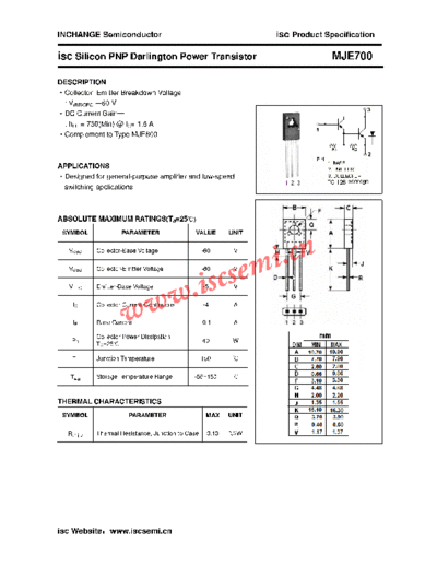 Inchange Semiconductor mje700  . Electronic Components Datasheets Active components Transistors Inchange Semiconductor mje700.pdf