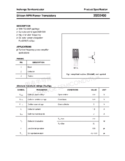 Inchange Semiconductor 2sd2400  . Electronic Components Datasheets Active components Transistors Inchange Semiconductor 2sd2400.pdf