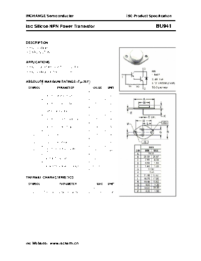 Inchange Semiconductor bu941  . Electronic Components Datasheets Active components Transistors Inchange Semiconductor bu941.pdf