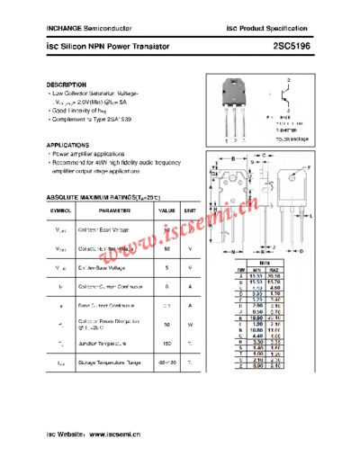 Inchange Semiconductor 2sc5196  . Electronic Components Datasheets Active components Transistors Inchange Semiconductor 2sc5196.pdf