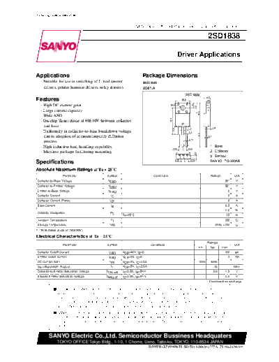 Sanyo 2sd1838  . Electronic Components Datasheets Active components Transistors Sanyo 2sd1838.pdf