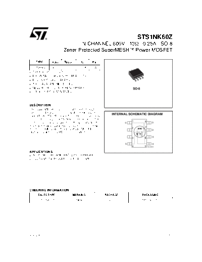 ST sts1nk60z  . Electronic Components Datasheets Active components Transistors ST sts1nk60z.pdf