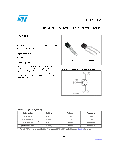 ST stx13004  . Electronic Components Datasheets Active components Transistors ST stx13004.pdf
