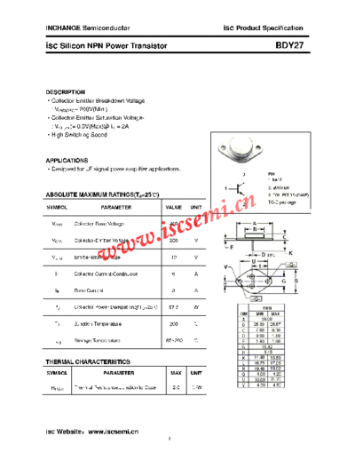 Inchange Semiconductor bdy27  . Electronic Components Datasheets Active components Transistors Inchange Semiconductor bdy27.pdf