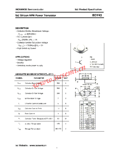 Inchange Semiconductor bdy43  . Electronic Components Datasheets Active components Transistors Inchange Semiconductor bdy43.pdf