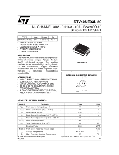 ST stv40ne03l-20  . Electronic Components Datasheets Active components Transistors ST stv40ne03l-20.pdf