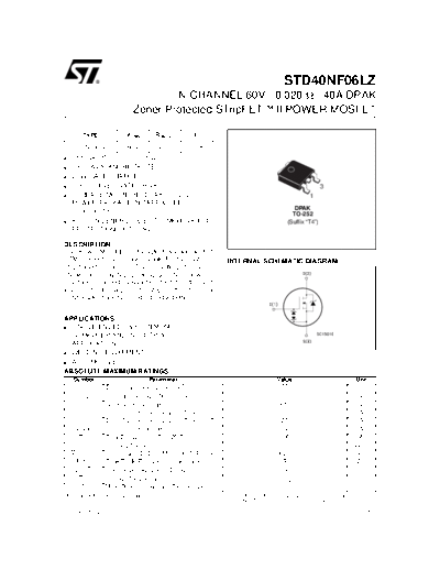 ST std40nf06lz  . Electronic Components Datasheets Active components Transistors ST std40nf06lz.pdf