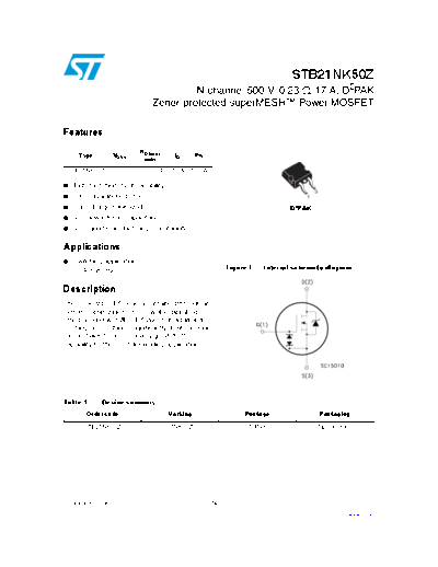 ST stb21nk50z  . Electronic Components Datasheets Active components Transistors ST stb21nk50z.pdf