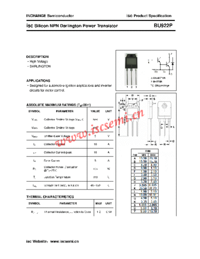 Inchange Semiconductor bu922p  . Electronic Components Datasheets Active components Transistors Inchange Semiconductor bu922p.pdf