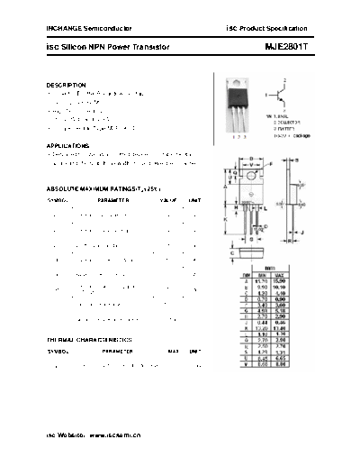 Inchange Semiconductor mje2801t  . Electronic Components Datasheets Active components Transistors Inchange Semiconductor mje2801t.pdf