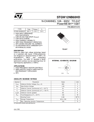 ST gw12nb60hd  . Electronic Components Datasheets Active components Transistors ST stgw12nb60hd.pdf