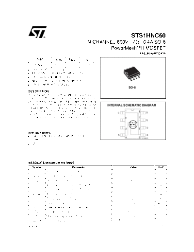 ST sts1hnc60  . Electronic Components Datasheets Active components Transistors ST sts1hnc60.pdf