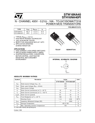 ST stw16na40  . Electronic Components Datasheets Active components Transistors ST stw16na40.pdf