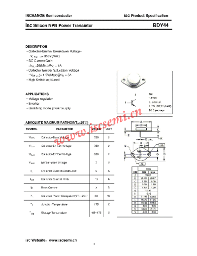 Inchange Semiconductor bdy44  . Electronic Components Datasheets Active components Transistors Inchange Semiconductor bdy44.pdf
