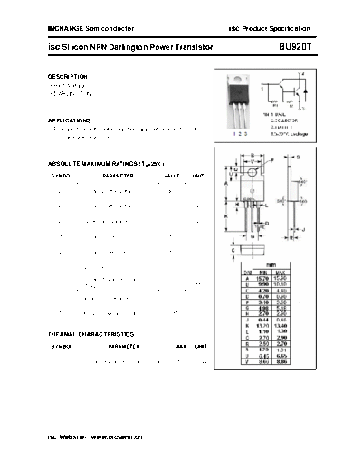 . Electronic Components Datasheets bu920t  . Electronic Components Datasheets Active components Transistors Inchange Semiconductor bu920t.pdf