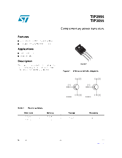 ST tip2955 tip3055  . Electronic Components Datasheets Active components Transistors ST tip2955_tip3055.pdf