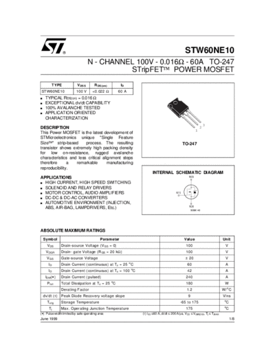 ST stw60ne10  . Electronic Components Datasheets Active components Transistors ST stw60ne10.pdf