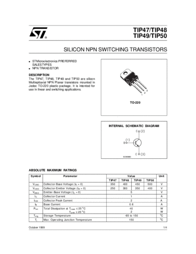 ST tip47 tip48 tip49 tip50  . Electronic Components Datasheets Active components Transistors ST tip47_tip48_tip49_tip50.pdf
