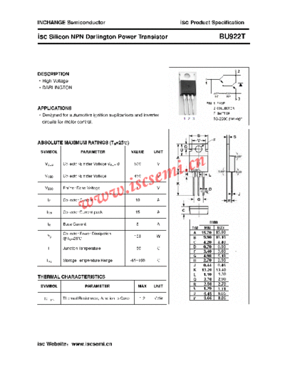 . Electronic Components Datasheets bu922t  . Electronic Components Datasheets Active components Transistors Inchange Semiconductor bu922t.pdf