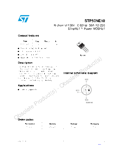 ST stp50ne10  . Electronic Components Datasheets Active components Transistors ST stp50ne10.pdf