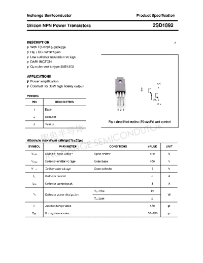 Inchange Semiconductor 2sd1892  . Electronic Components Datasheets Active components Transistors Inchange Semiconductor 2sd1892.pdf