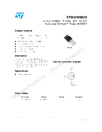 ST stw30nm60d  . Electronic Components Datasheets Active components Transistors ST stw30nm60d.pdf